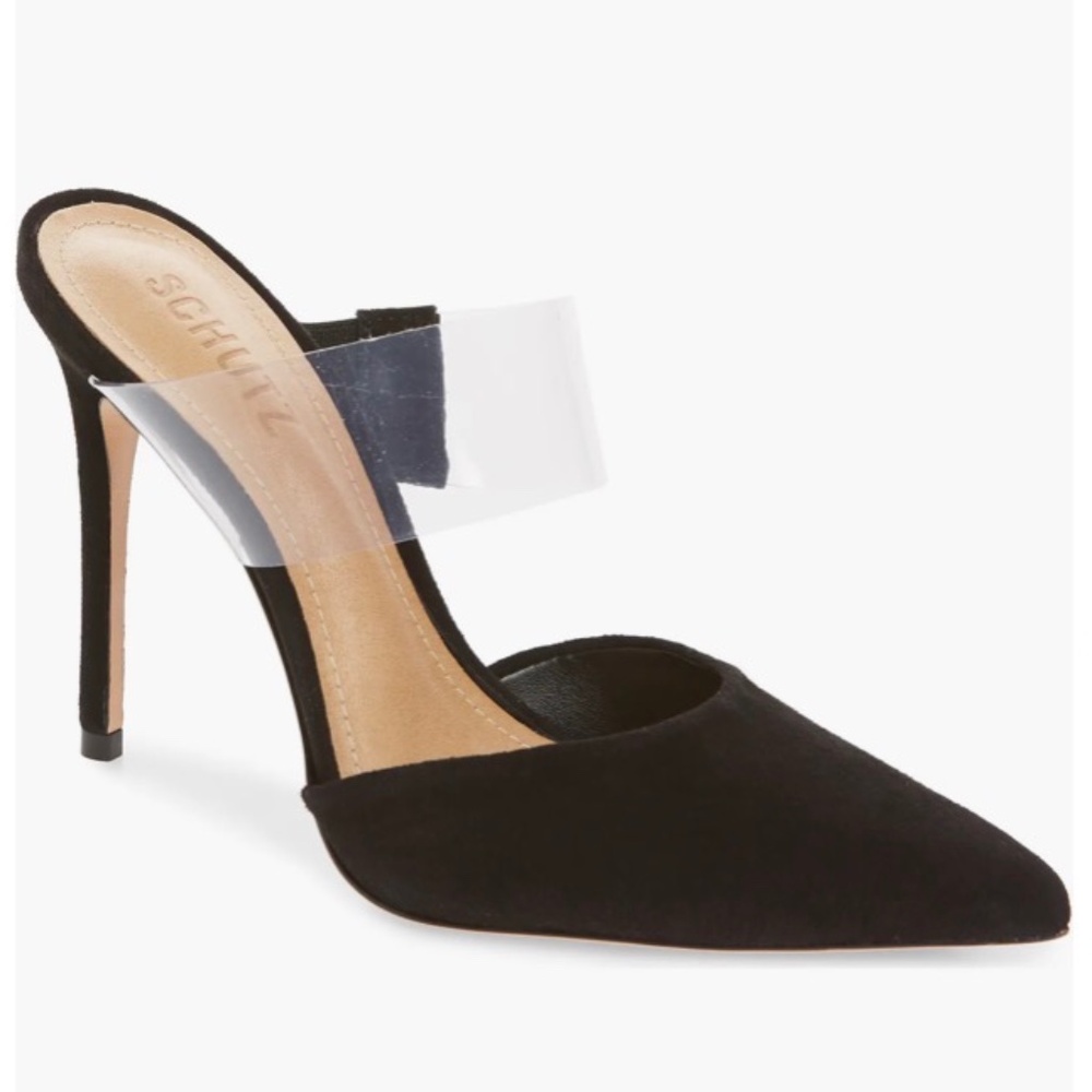 SCHUTZ Sionne Clear Strap Pointed Toe Mule Heels Black Suede SIZE 10 LIKE NEW